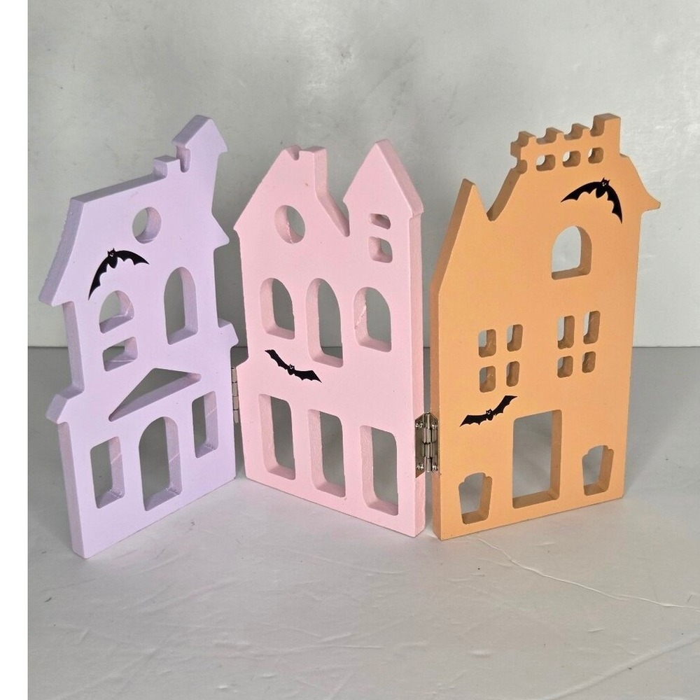 Pastel Wooden Haunted Halloween House Bats Trio Tabletop Mantel Hinged Décor